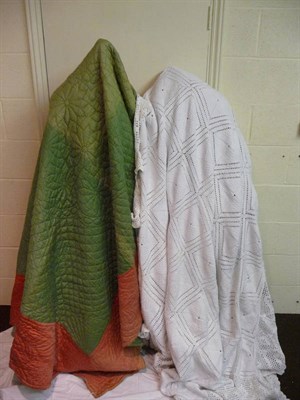 Lot 1032 - Pink And Green Reversible Quilt and a white crochet bed cover (2).