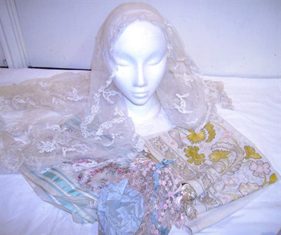 Lot 1034 - Assorted Lace And Embroidered Items including tape lace applied shawl; three bonnets and caps;...