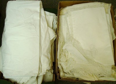 Lot 1035 - Assorted White Linen And Textiles including two banqueting cloths, table linen etc (in two boxes)