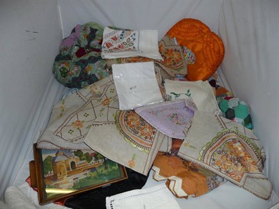 Lot 1036 - A Large Quantity Of Assorted Embroidered Textiles, Four Patchwork Part Quilts, Oak Tray With...