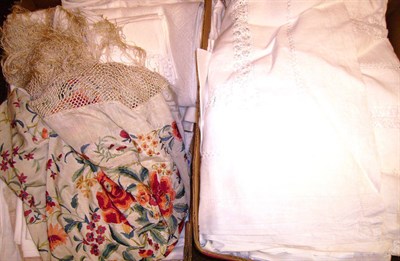 Lot 1037 - Assorted White Linen And Textiles And A Cream Silk Embroidered Shawl (2 boxes).