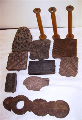 Lot 1052 - Eight Carved Hand Printing Blocks, carved wooden door knocker and three bobbins (one box).