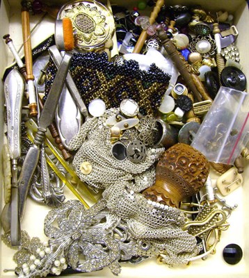 Lot 1054 - Assorted Buckles, Buttons, Bobbins, Silver Mounted Manicure Items, Beadwork Etc.