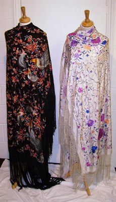 Lot 1074 - Black Silk Shawl Embroidered With Exotic Birds And Flowers; cream silk shawl embroidered with...