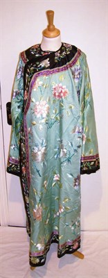 Lot 1076 - Pale Blue Silk Kimono Embroidered With Flowers, cream and floral quilt; pair of tan leather and...