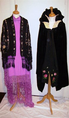 Lot 1087 - Edwardian Black Velvet Evening Cape with cream velvet lining and floral embroidered ribbon...