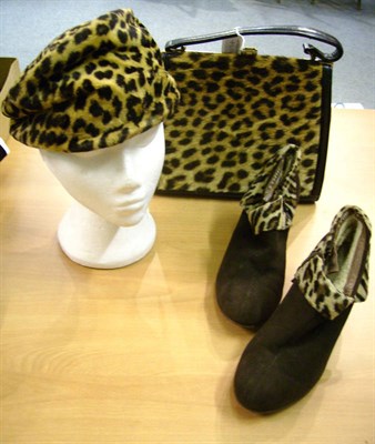 Lot 1094 - Circa 1940's Black Leather And Leopard Skin Handbag, similar hat and a pair of Bally brown...