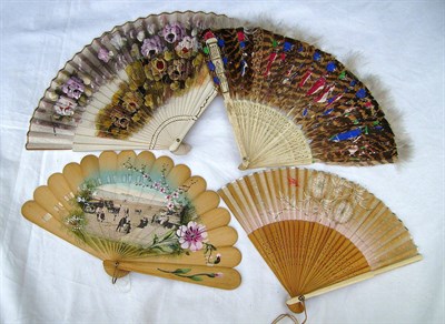 Lot 1112 - Assorted Early 20th Century Fans And Later including a bone and feather painted fan, 24cms;...