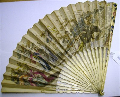 Lot 1114 - Eighteenth Century Carved Ivory Fan with floral painted guards and a paper mount printed with a...