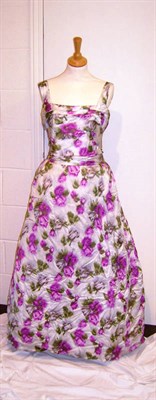 Lot 1135 - Circa 1950's Frank Usher Pink Floral Long Evening Dress with a fitted ruched bodice and full...