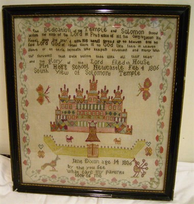 Lot 1152 - Framed Sampler Of Solomons Temple By Jane Dixon Aged 14 1806, Mrs Hogg School, Newcastle, worked in