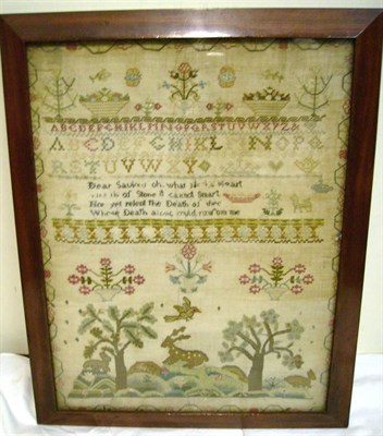 Lot 1154 - Framed 18th Century Sampler worked in silk cross stitch with alphabet and religious verse,...