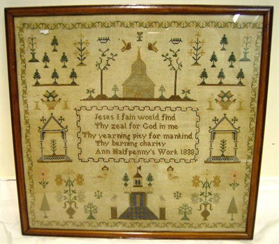 Lot 1156 - Framed Sampler Worked By Ann Halfpenny 1838, worked in silk cross stitch with central verse...