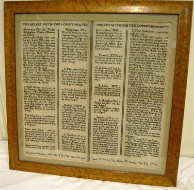 Lot 1157 - Maple Framed Sampler Worked By Elizabeth Franklin, July 3 1794, titled 'The Belief With The...