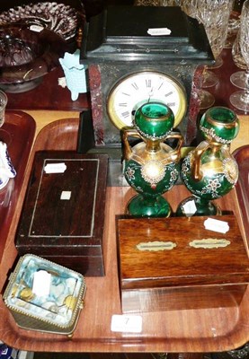 Lot 7 - A Belgian black slate mantel clock, a rosewood money box, a rosewood jewellery casket, a pair...