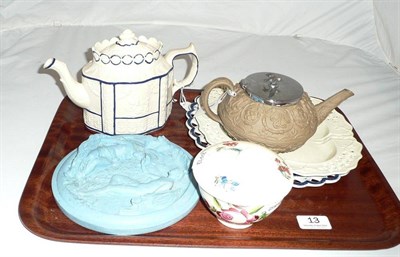 Lot 13 - Castleford type teapot, stoneware teapot, two Leeds dishes, Cream ware sugar and cover and a...