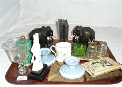 Lot 20 - Tray including pair of carved elephant bookends,  cruet set, Limoges hinged jar and cover,...