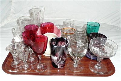 Lot 21 - Quantity of assorted glass including ale flute, painted beaker, cranberry glass etc