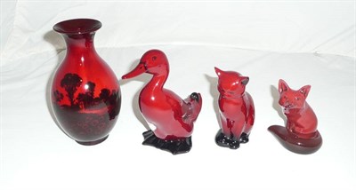 Lot 26 - Doulton flambe vase, duck, cat and a fox (4)
