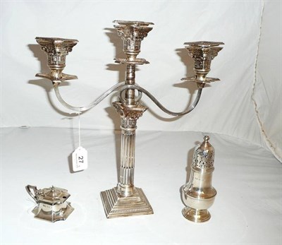 Lot 27 - Silver three light candelabra, silver caster, silver mustard pot