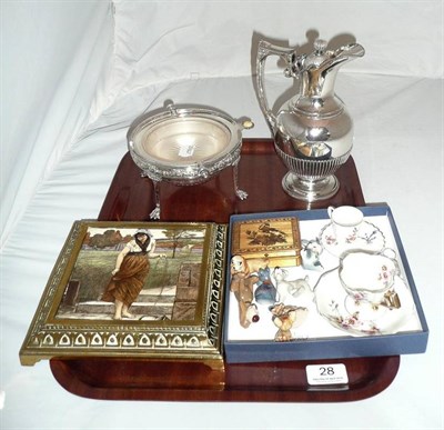 Lot 28 - Tray including two pieces of plated ware, tiled teapot stand, straw work hinged box, wade...