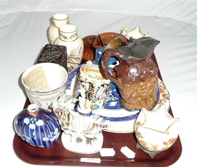 Lot 29 - Fukugowa vase, jug, Staffordshire figure, enamel Russian commemorative beaker, carved card...