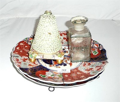 Lot 32 - Encrusted pastille burner, glass peroxide bottle and stopper, two Imari chargers