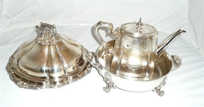 Lot 35 - Plated tureen and cover, vegetable dish and a teapot