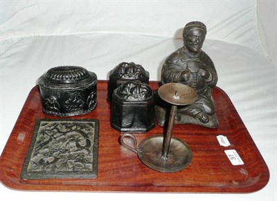 Lot 37 - Three iron tobacco jars, figure, plaque etc