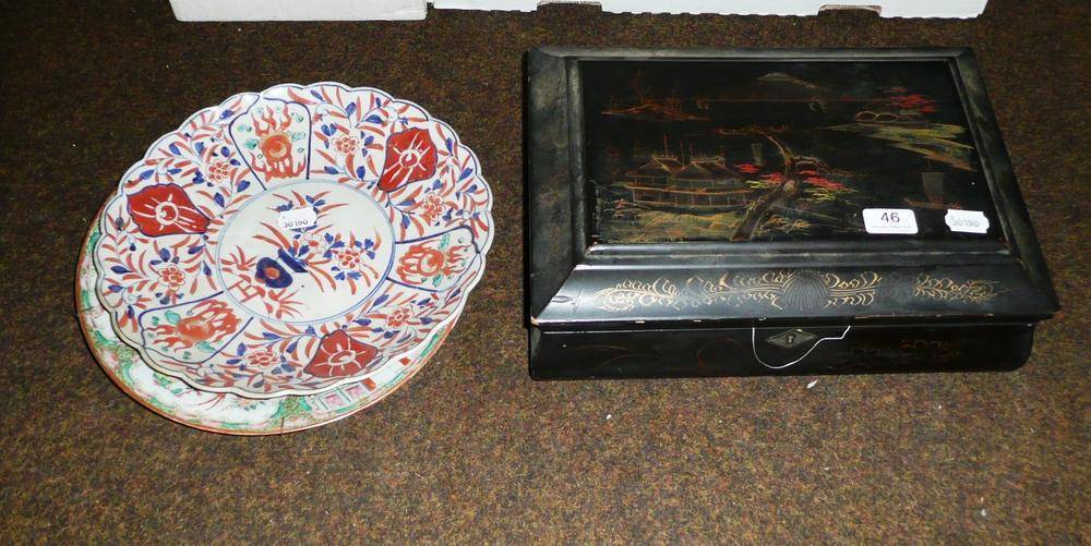 Lot 46 - Lacquered work box containing embroidery threads, Imari charger and Cantonese plate