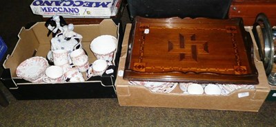 Lot 55 - Royal Dux figural group and two part tea services (in two boxes), inlaid tray, embroidered...