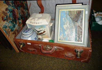 Lot 58 - Vintage leather suitcase/trunk containing ceramics and pictures