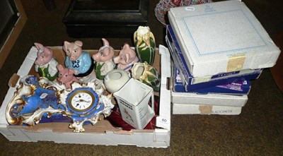 Lot 60 - A quantity of miscellaneous ceramics including Wade pigs, mantle clock (a/f), Johnnie Walker...