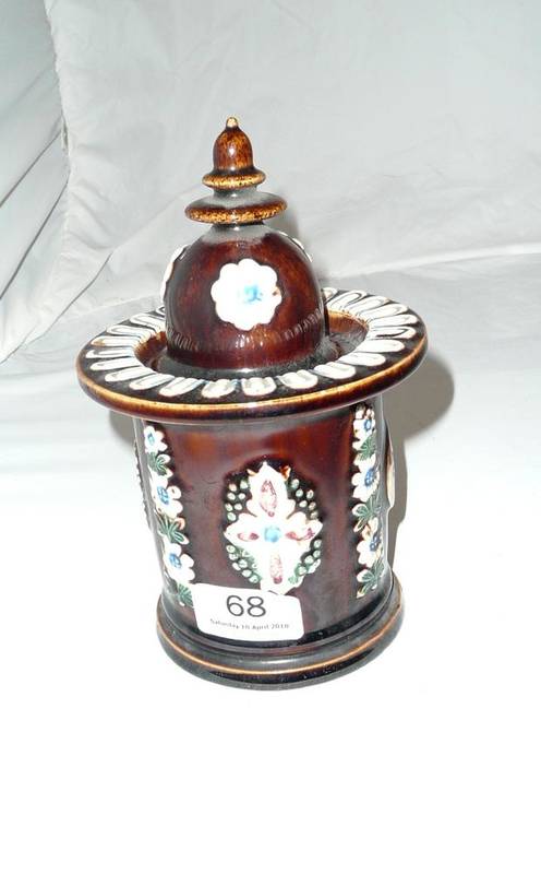 Lot 68 - A Measham tobacco jar and cover with panel inscribed "A PIPE LETS TAKE FOR OLD TIMES SAKE".
