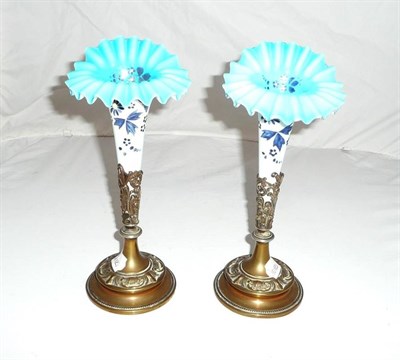 Lot 69 - Pair of Victorian opaque glass frill vases in holders