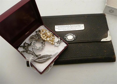 Lot 115 - A silver mounted case containing a crochet set, marcasite jewellery and costume jewellery