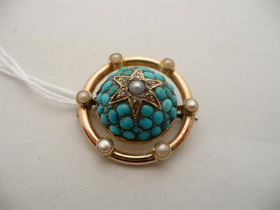 Lot 132 - A Victorian diamond turquoise and split pearl circular domed brooch