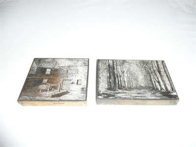 Lot 144 - Two wooden printing blocks engraved with an avenue of trees and an interior scene.