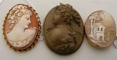 Lot 169 - A lava cameo brooch and two shell cameo brooches