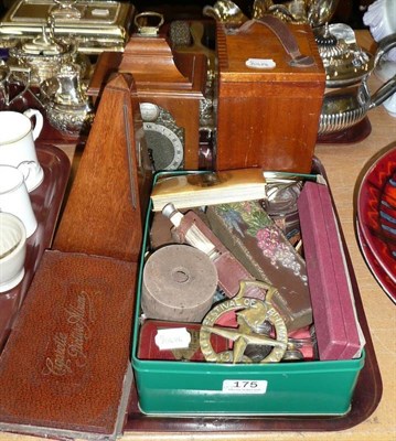 Lot 175 - Cased students microscope, metronome, mantle clock, mauchlineware book, cigarette cards, and a...