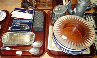 Lot 178 - Pair of silver salad servers, cased silver teaspoon, inlaid rectangular hinged box, pottery...