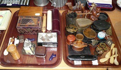 Lot 179 - Miscellaneous including papier-mache coasters, clockwork bird, etc on two trays