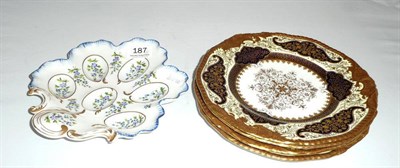 Lot 187 - A set of four Coalport cabinet plates with raised gilt decoration; a Limoges chantilly sprig...