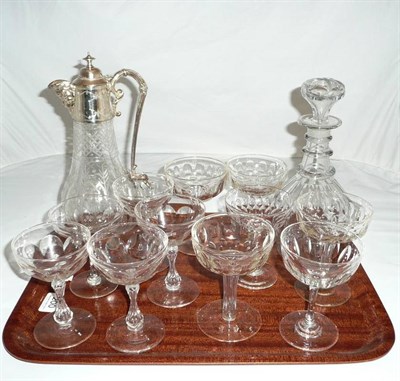 Lot 200 - Tray of  eleven champagne glasses, decanter & claret jug.