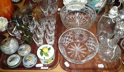 Lot 201 - Two trays including glass bowls, three studio pottery boxes and covers, studio pottery vase...