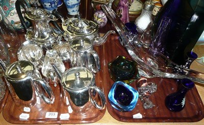 Lot 203 - Plated tea set, tray of glass ornaments etc.