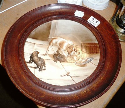 Lot 214 - A porcelain plaque painted with a bull terrier and two King Charles spaniels "Robbery with...