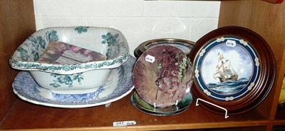 Lot 247 - A Victorian blue and white meat dish with gravy well; a green pottery wash basin; a set of six...