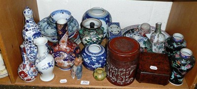 Lot 252 - Shelf of Oriental ceramics including famille noir charger and vases, Chinese blue and white...