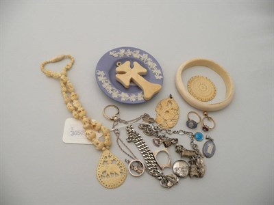 Lot 257 - Three lady's 9 carat gold rings, Jasper ware pendant, ashtray, ivory pieces (pre-1946), silver...